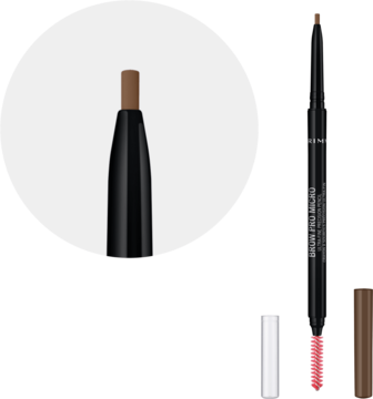 Rimmel Brow Pro Micro kredka do brwi Soft Brown, widok na całą kredkę, powiększona końcówka i szczoteczka.