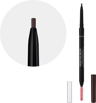 Kredka do brwi Rimmel Brow Pro Micro Dark Brown, widok ogólny i zbliżenie na ultracienką brązową końcówkę.