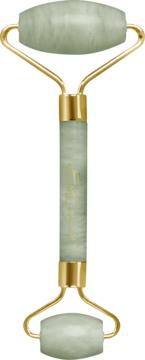 Jadeitowy wałek do masażu twarzy z naturalnego kamienia, z dwiema rolkami różnej wielkości i złotym uchwytem.