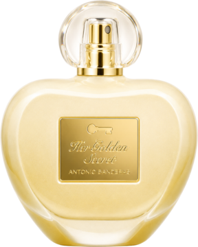 Banderas Her Golden Secret woda toaletowa dla kobiet, złota, sercowata butelka z przezroczystą nakrętką, widok z przodu.