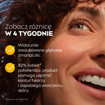 Zbliżenie na uśmiechniętą kobietę. Tekst o NIVEA Q10: redukcja zmarszczek i ujędrnienie skóry w 4 tygodnie.