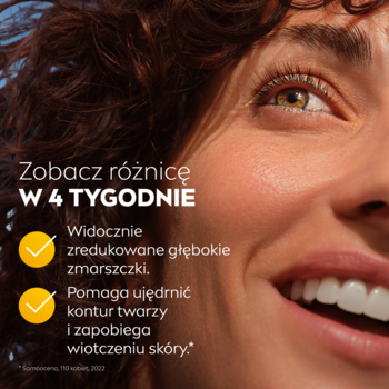 Uśmiechnięta kobieta z tekstem o redukcji zmarszczek i ujędrnieniu skóry NIVEA Q10 w 4 tygodnie.