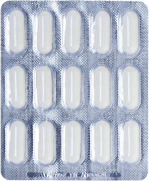 Srebrny, błyszczący blister z 15 białymi, podłużnymi tabletkami witaminy C, ułożonymi w rzędach 3x5, widok z góry.