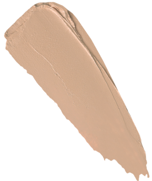 Zbliżenie na ukośny swatch podkładu Alterra Camouflage Make-Up Beige, kremowa smuga na czarnym tle.