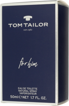 Tom Tailor For Him, ciemnoniebieskie pudełko EDT 50ml z białym logo i napisem 'for him', widok pod kątem.