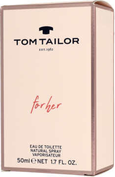 Tom Tailor For Her Eau de Toilette, beżowo-różowy kartonik 50ml, widok z przodu pod kątem.