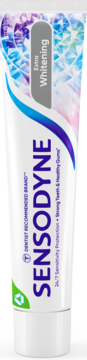 Sensodyne Extra Whitening, biała tubka pasty do zębów z fioletowo-niebieskim wzorem i napisem "Extra Whitening", widok z przodu.