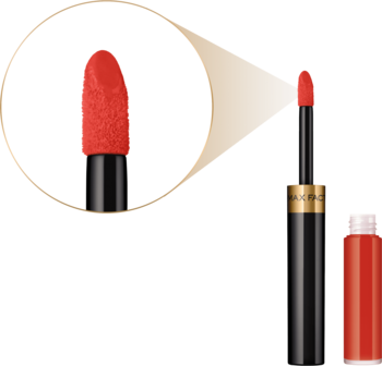 Max Factor Lipfinity Lip Colour 130 Luscious. Zbliżenie na puszysty aplikator i dwufazową pomadkę.