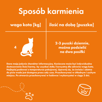 Pomarańczowy przewodnik karmienia kota: tabela dawek, biały kot, instrukcje dzienne dla 4 kg (2-3 puszki).