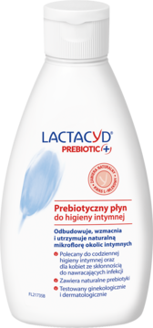 Lactacyd Prebiotic płyn do higieny intymnej w białej butelce z niebieskim liściem i czerwoną etykietą, widok frontalny.