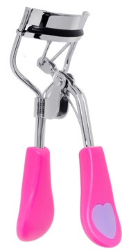 Srebrna zalotka Ewa Schmitt z błyszczącymi, różowymi uchwytami i fioletowym sercem, widok z przodu.