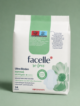 Białe opakowanie podpasek Facelle so free Ultra Binden normal z bawełny organicznej, z widocznym logo i grafiką kwiatów.