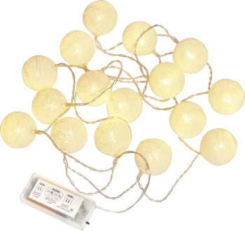 Łańcuch świetlny LED Ideenwelt, 16 ciepłych białych kul Cotton balls (4cm) z timerem, na baterie, widok z góry.