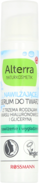 Alterra Nawilżające Serum do Twarzy z kwasem hialuronowym i gliceryną, biała butelka, front, zielona etykieta.