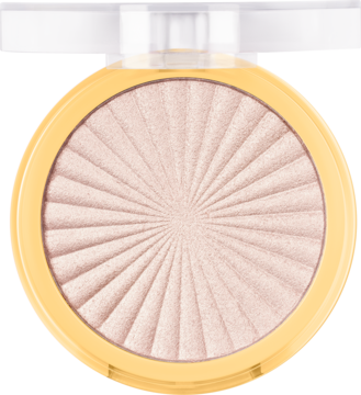 Wypiekany rozświetlacz Lovely Gold Goddess, puder z promienistym wzorem w złotym kompakcie, widok z góry.