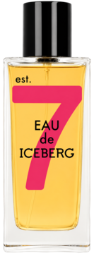 Prostokątna butelka wody toaletowej Iceberg Eau de Iceberg z bursztynowym płynem, różową cyfrą 7, widok z przodu.