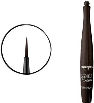 Eyeliner Bourjois Pinceau w kolorze brązowym z pędzelkiem, widok z bliska, obok odłączonej skuwki.