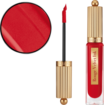 Bourjois Rouge Velvet Ink: intensywna czerwona matowa pomadka w płynie w złotej butelce z aplikatorem i wzornikiem.