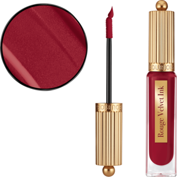 Matowa pomadka Bourjois Rouge Velvet Ink w butelce ze złotą zakrętką, z aplikatorem i bordowym wzornikiem.