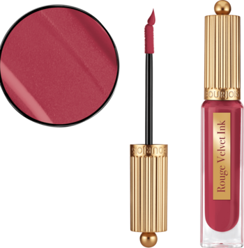 Pomadka Bourjois Rouge Velvet Ink malinowa, matowa, z precyzyjnym aplikatorem i okrągłym swatche.