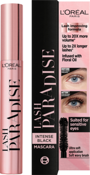 L'Oréal Paris Lash Paradise Intense Black Mascara, różowa tuba obok czarnego pudełka z opisami cech.