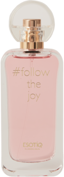Esotiq #follow the joy woda perfumowana dla kobiet. Różowy płyn, złote napisy na szklanej butelce z korkiem.