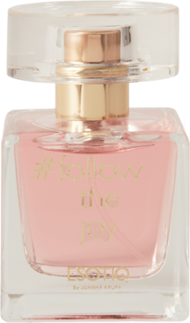 Esotiq #follow the joy, różowa woda perfumowana w szklanej butelce z zielonym napisem, widok z przodu.