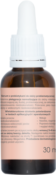 Tył brązowej butelki BEAUTY.lab serum z prebiotykami 30ml, beżowa etykieta z polskim opisem działania.