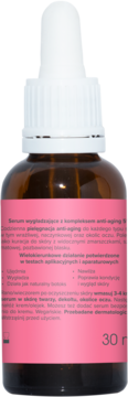 Tył brązowej butelki serum BEAUTY.lab anti-aging z różową etykietą i białym aplikatorem, widoczne szczegóły produktu.