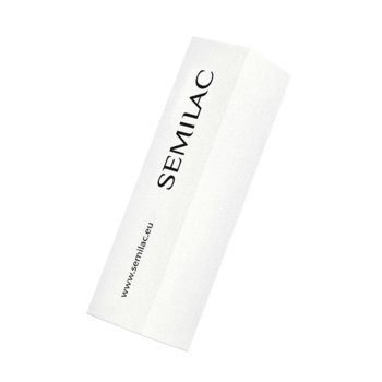 Biały czterostronny blok polerski Semilac o gradacji 180, widoczny pod kątem, do matowienia paznokci.