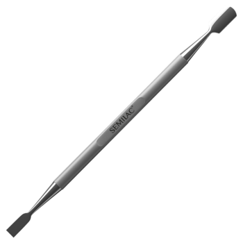 Srebrne, dwustronne narzędzie Semilac do odsuwania skórek i usuwania lakieru hybrydowego ze stali. Widok z góry.