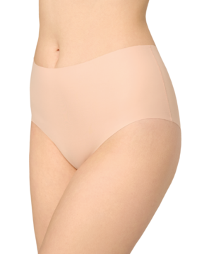 Niewidoczne figi laser cut z wysokim stanem w kolorze nude, gładkie i dopasowane na modelce, widok z boku.