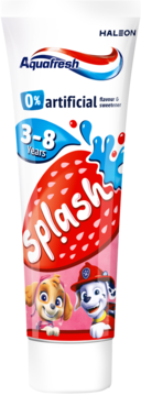 Aquafresh Splash truskawkowa pasta do zębów dla dzieci 3-8 lat, 0% sztucznych dodatków, z Paw Patrol, tubka.