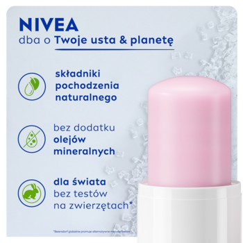 NIVEA peeling do ust dzika róża: wysunięty różowy sztyft, z lewej tekst o składzie naturalnym.