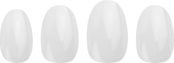 Zestaw czterech sztucznych paznokci mleczny migdałek, gładkie i lśniące, gotowe do aplikacji na czarnym tle.