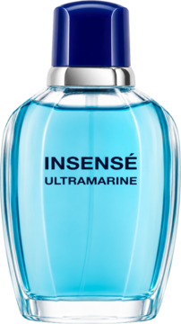Givenchy Insense Ultramarine, męska woda toaletowa w błękitnej, rzeźbionej butelce z granatową nakrętką, widok z przodu.