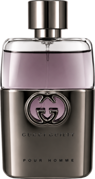 Gucci Guilty Pour Homme, butelka wody toaletowej z metalicznym dołem, purpurową cieczą i logo GG na froncie.