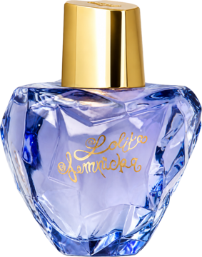 Lolita Lempicka woda perfumowana w fasetowanej, sercowatej butelce o fioletowym odcieniu, ze złotym korkiem, widok z przodu.