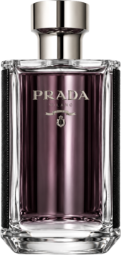 Prada L'Homme EDT dla mężczyzn, butelka z ciemnym płynem i srebrnym korkiem, boki z czarnej skóry Saffiano.