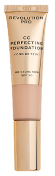 Złota tuba podkładu REVOLUTION PRO CC Perfecting Foundation SPF 30, beżowy kolor produktu, widok z przodu.