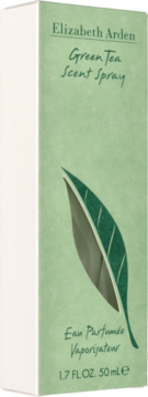 Pudełko perfum Elizabeth Arden Green Tea Scent Spray. Jasnozielone, z zielonym liściem, widok z przodu.