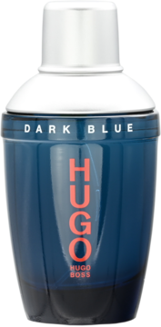 Granatowa butelka Hugo Boss Dark Blue, woda toaletowa męska, z czerwoną etykietą HUGO i srebrną zakrętką.