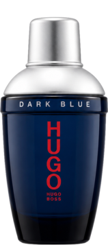 Flakon Hugo Boss Dark Blue EDT, ciemnoniebieski z pionowym czerwonym napisem HUGO, srebrna nakrętka, widok z przodu.