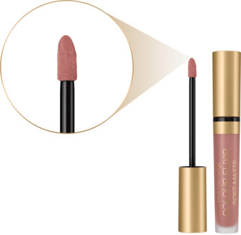 Płynna szminka Max Factor Colour Elixir Soft Matte 005 Sand Cloud, matowa, złote detale, zbliżenie pędzelka.