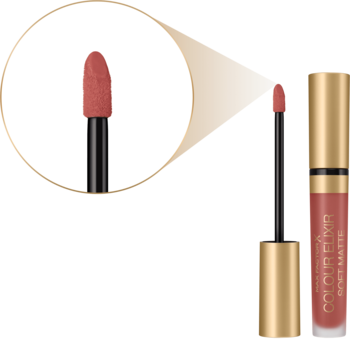 Szminka w płynie Max Factor Colour Elixir Soft Matte 010 Muted Russet, zbliżenie aplikatora i butelka.