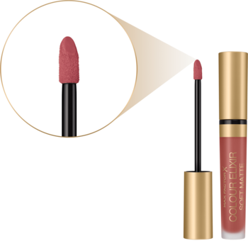 Max Factor Colour Elixir Soft Matte 015 Rose Dust, matowa pomadka w płynie, zbliżenie na aplikator i tubkę.