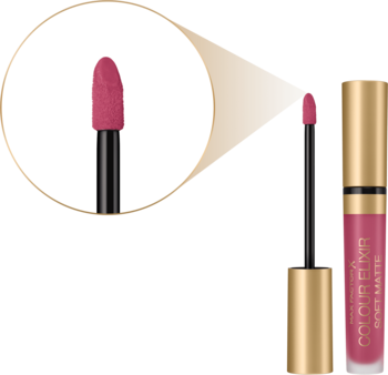 Max Factor Colour Elixir Soft Matte 020 Blushing Ruby, matowa szminka w płynie. Ujęcie z bliska, powiększony aplikator.