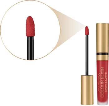 Max Factor Colour Elixir Soft Matte 030 Crushed Ruby, czerwona szminka z wyciągniętym matowym aplikatorem, detal zbliżenia.