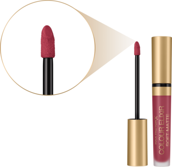 Max Factor Colour Elixir Soft Matte 035 Faded Red: otwarta szminka z aplikatorem i powiększonym ujęciem końcówki.