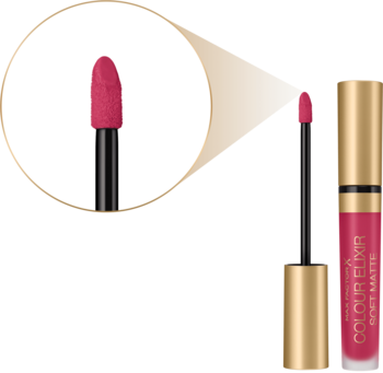 Max Factor Colour Elixir Soft Matte 040 Soft Berry, płynna szminka z wysuniętym aplikatorem i zbliżeniem.